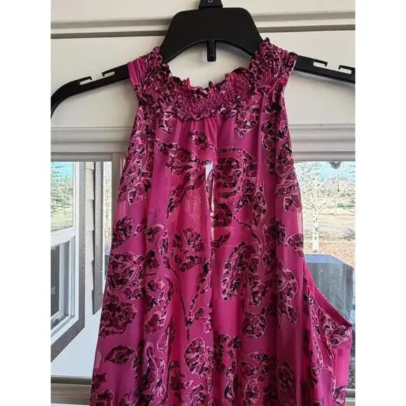 WHBM Pink Floral Applique Burnout Halter Smock-Neck Midi - Picture 4 of 11